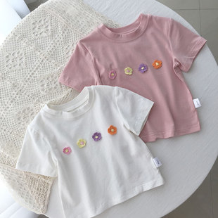 韩版2024夏款女童短袖t恤纯棉洋气可爱宝宝立体小花半袖上衣儿童