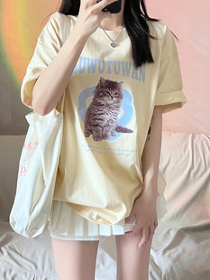 gwtw可爱小猫印花日系复古短袖，t恤棉夏季美式休闲百搭情侣体恤女