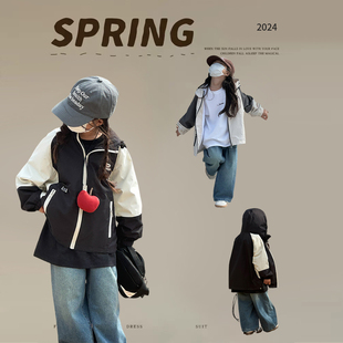 韩版儿童拼色休闲风衣2024春装洋气宽松长袖外套女童时尚户外夹克