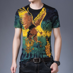 夏季时尚潮流男士冰丝棉花式短袖T恤 霸气金色老鹰图案大码半袖衫