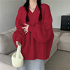酒红色套头毛衣女(毛，衣女)2022年秋冬季韩版慵懒风宽松显瘦针织衫上衣