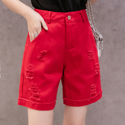 韩国红色牛仔五分裤女夏宽松大码中裤工装四分短裤，修身显瘦直筒裤