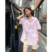 nx奈夕基础款!衬衫，女夏季粉色，翻领韩版短袖宽松纯棉衬衣