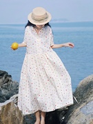 大码日系森女波点衬衫连衣裙，女2024夏季棉麻，印花时尚显瘦百搭长裙