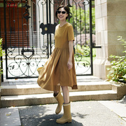 ise2022秋季土黄色拼接设计圆领短袖舒适宽松连衣裙P2230708