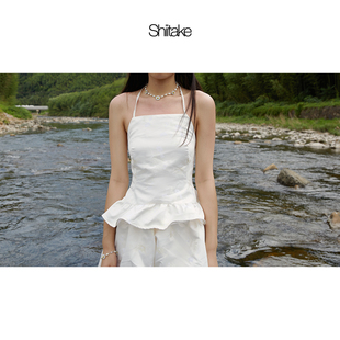 Shiitake诗塔克设计师品牌白色/黑色暗纹中国风提花背后系带肚兜