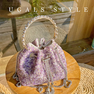 ugals法式仙女紫水晶镶钻珍珠钻石包，闪亮不灵晚宴手拿水桶斜挎包