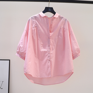 设计感褶皱粉红色棉衬衫，女宽松7分袖，衬衣2023夏季文艺范百搭上衣
