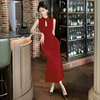 国风新中式改良旗袍礼服，裙红色无袖，修身包臀鱼尾连衣裙子夏季