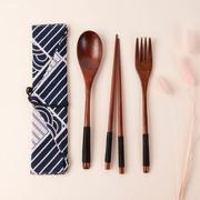 创意旅游户外便携式日式餐具，楠木筷木质简约环保，布袋勺叉筷子套装