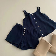 韩系女童套装夏季薄款吊带上衣时髦短裤，2023女宝宝夏装两件套