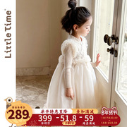littletime女童钉珠中式纱裙，新年高端礼服，蓬蓬网纱裙子白色连衣裙