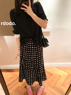 Rdodo自线 miu味十足显瘦心机特定黑色泡泡纱袖口蕾丝花边短袖T恤