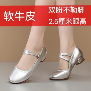 杨丽萍广场舞鞋夏款女士夏天舞蹈鞋，银灰色户外成人，真皮跳舞鞋软底