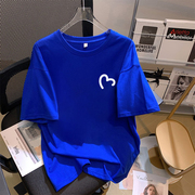 克莱因蓝纯棉短袖t恤女2024夏装，宽松大码体恤，白色半袖上衣潮