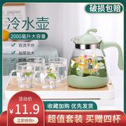 冷水壶家用客厅透明玻璃凉水壶，冷水杯套装，耐热大容量果茶壶凉茶壶