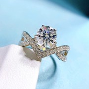 韩版1克拉双层v形排钻仿真钻石戒指纯银小众个性婚戒求婚礼物女士