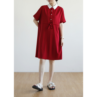 天然出品宽松休闲撞色中长款雪纺短袖，红色连衣裙夏季qa2618