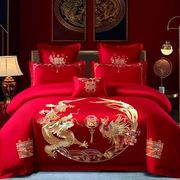新婚庆大红色四件套天丝棉绣花被套结婚礼家纺床上用品1.5/1.8床