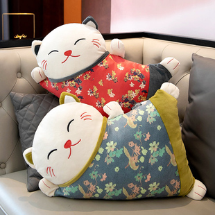 日式招财猫抱枕被子两用沙发靠背垫办公室座椅，护腰靠垫汽车腰枕毯