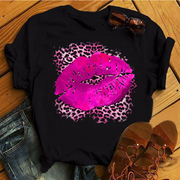 Pink Leopard Print Lips T-shirt 性感粉色豹纹嘴唇印花女黑T恤