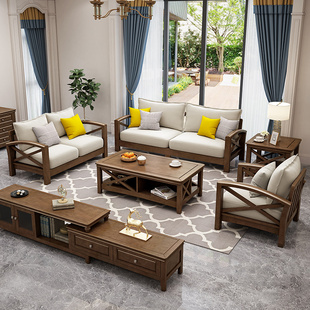 乡村简美式全实木沙发小户型，现代简约客厅实木，布皮艺沙发组合家具