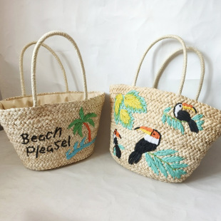 椰子树绣花小鸟手工编织包手提包时尚简约编织包菜篮子沙滩包