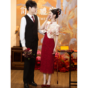 新中式旗袍订婚礼服2024敬酒服新娘红色套装，衣服小个子回门服