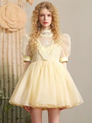 夏季宫廷风女歌手名媛黄色，连衣裙减龄珍珠，链条蕾丝拼接公主娃娃裙