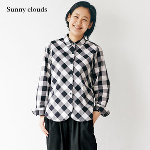 Sunny clouds Shuttle Notes日本面料 女式纯棉黑白斜格子衬衫