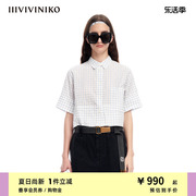 iiiviviniko夏季百搭复古宽松箱型格纹短袖衬衫女m320434188c