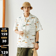 714street衬衫设计感高级夏威夷印花短袖潮牌外套美式沙滩衬衣男