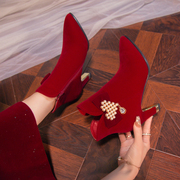 红色高跟鞋女冬季加绒短靴，中式不累脚秀禾婚纱，两穿新娘鞋细跟婚鞋