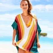 欧美彩虹条宽松针织镂空沙滩罩衫度假装比基尼泳衣外搭女