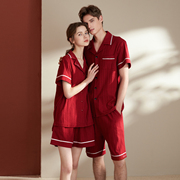 安之伴夏季情侣睡衣短袖短裤，女开衫薄款红色，结婚男宽松可外穿套装