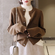 羊毛针织开衫女春秋，高端2024小香风长袖纯色，气质短款毛衣外套