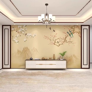 新中式电视背景墙壁纸现代简约山水装饰客厅花鸟壁画墙纸影视墙布