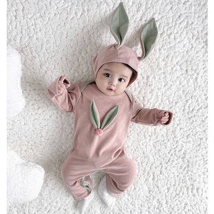 婴儿套装秋冬款女宝宝，三个月宝宝兔耳朵，冬装连体衣家居服睡衣1036