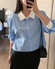 韩代潮牌modest mood蓝色竖条纹领口拼色衬衫女式短款防晒宽松