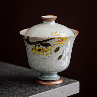 冰片釉纯手绘木香花高足盖碗茶杯单个陶瓷二才茶碗带盖家用泡茶器