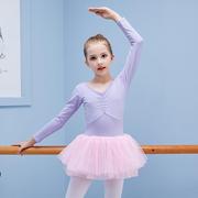 儿童演出服蕾丝网状，蓬蓬裙弹性棉女孩舞蹈，服长袖芭蕾练功服