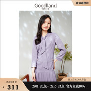 Goodland美地女装2023春季气质高级感紫色领带西装裙百褶连衣裙