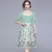 欧洲站女装夏季针织衫网纱半身裙重工刺绣浅绿色仙女套装裙