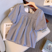 韩系时尚原宿风格子设计女装，胖妹妹300斤特大码短袖夏季时尚衬衫