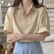 短袖条纹衬衫，女2024夏季淡黄色领小个子，少女衬衣正肩上衣