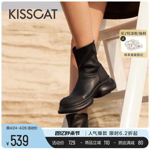 kisscat接吻猫机能厚底烟筒，靴2023冬机车，风短靴弹力瘦瘦靴女