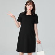 孕妇夏装连衣裙职业工作服，韩版圆领中长款大码黑色短袖孕妇裙