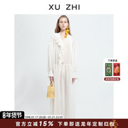 XUZHI设计师品牌23秋冬白色甜美淑女长袖抽褶雪纺丝带衬衫连衣裙