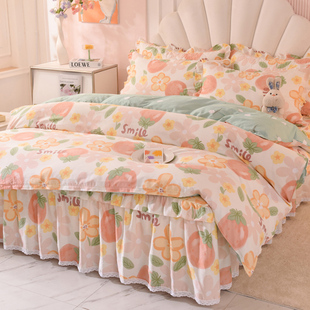 全棉床裙四件套花边草莓花卉，简约风单双人床套1.8m纯棉床罩款套件