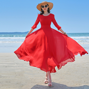2024连衣裙夏天红色雪纺气质，收腰显瘦高端大摆沙滩裙海边度假